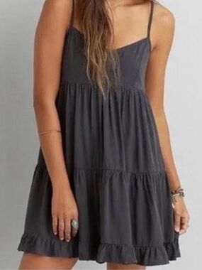 American Eagle Outfitters Charcoal Spaghetti Strap Tiered Mini Dress